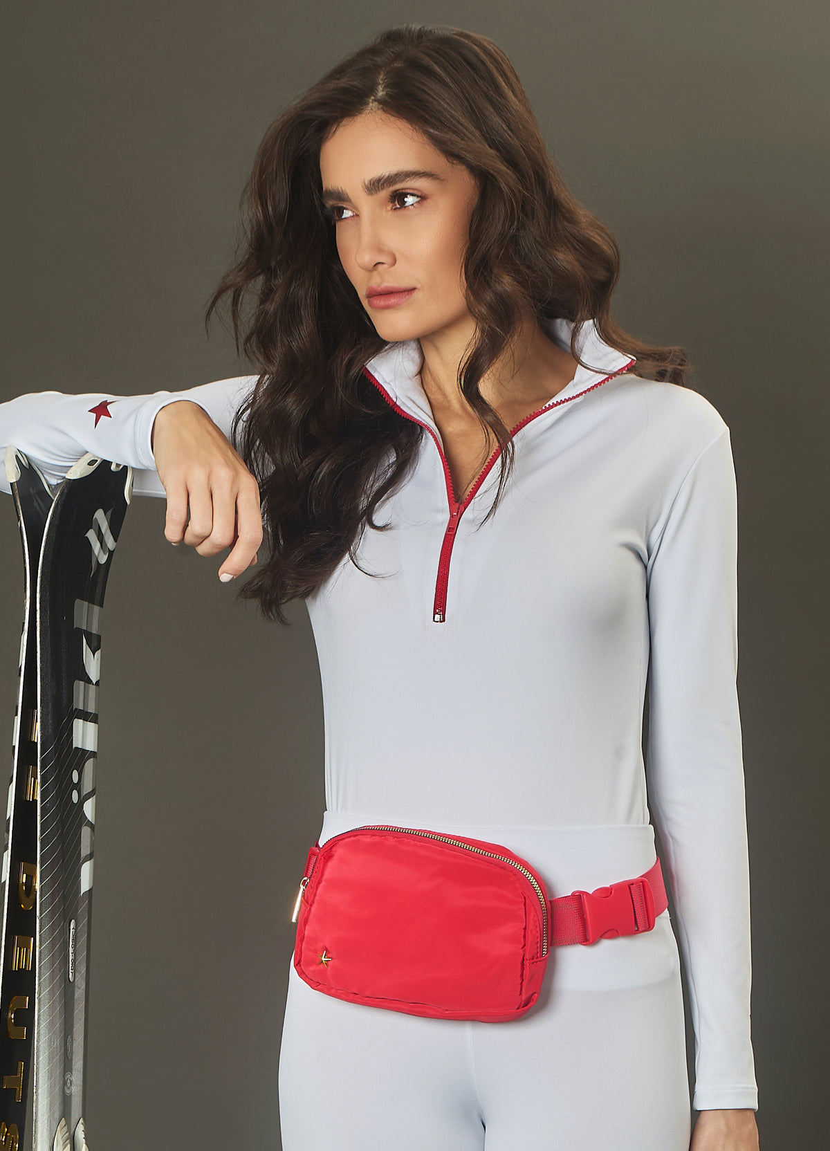 Pre Order - Ref. Malu 11 Blusa térmica ziper Bisous De L'Après Ski Branco com Vermelho Metalic