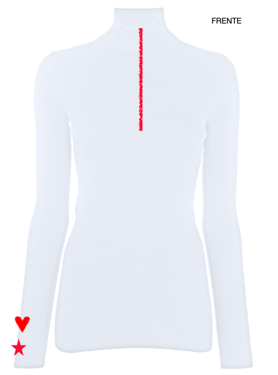 Pre Order - Ref. Malu 11  Blusa térmica ziper Bisous De L'Après Ski Branco com Vermelho Metalic